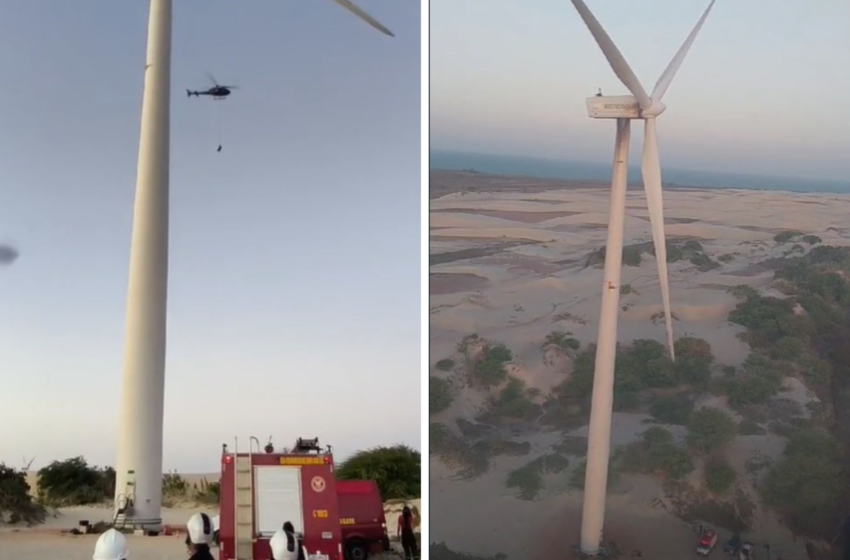  Trabalhadores são resgatados por helicóptero no alto de torre eólica após incêndio no equipamento no RN